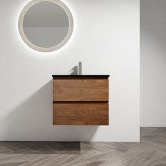 24" Wall-Mounted Bathroom Vanity With Black Ceramic Sink, 2-Soft Close Drawers, KD-Package