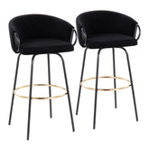 Claire Contemporary/Glam Barstool in Black Metal and Black Velvet with Gold Metal Footrest by LumiSource - Set of 2