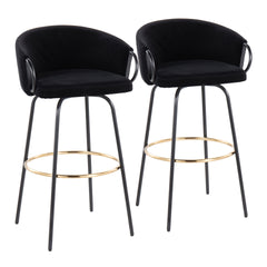Claire Contemporary/Glam Barstool in Black Metal and Black Velvet with Gold Metal Footrest by LumiSource - Set of 2