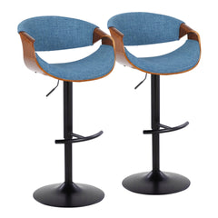 Curvo Mid-Century Modern Adjustable Barstool with Swivel in Black Metal, Walnut Wood and Blue Fabric with Rounded T Footrest by LumiSource - Set of 2