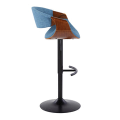 Curvo Mid-Century Modern Adjustable Barstool with Swivel in Black Metal, Walnut Wood and Blue Fabric with Rounded T Footrest by LumiSource - Set of 2