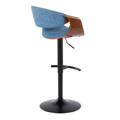 Curvo Mid-Century Modern Adjustable Barstool with Swivel in Black Metal, Walnut Wood and Blue Fabric with Rounded T Footrest by LumiSource - Set of 2