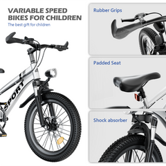 FKZNPJ 20 Inch Kids Mountain Bike for Boys & Girls Ages 7-12 – 7-Speed Gears, Dual Disc Brakes, Shock Absorber Front Fork, LED Light – Silver & Pink