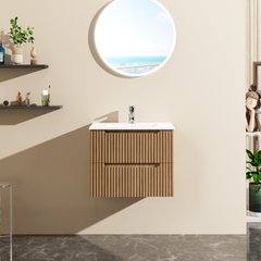 Goodyo 24" Wall-Mount Bathroom Vanity Cabinet with White Basin Sink Combo Floating, Walnut