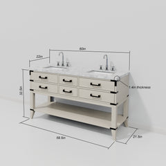 White Oak Double Bath Vanity 60 in. W x 22 in. D, Carrara Marble Top, and Faucet Set