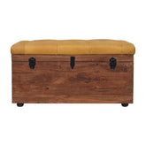 Solid Wood Buffalo Hide Honey Caramel Storage Trunk, Leather Upholstered, Yellow and Brown