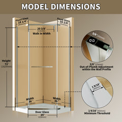 Corner Shower Enclosure 36 in. W x 72 in. H Frameless Neo-Angle Shower Enclosure, 1/4" (6mm) Clear SGCC Tempered Glass, Pivot Shower Door in Chrome Finish,Shower Base Not Included