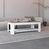 Cecil Coffee Table with Open Storage Shelf for Decor, Modern Design for Living Room or Lounge Area, White, Natural Oak