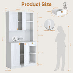 Pantry Cabinet for Living Room, 70" Wooden Kitchen Microwave Stand Hutch with Storage and Charging Station, High Gloss White Finish