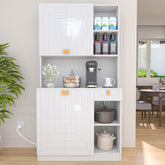 Pantry Cabinet for Living Room, 70" Wooden Kitchen Microwave Stand Hutch with Storage and Charging Station, High Gloss White Finish