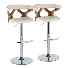 Gardenia Mid-Century Modern Adjustable Barstool with Swivel in Walnut Wood, Chrome Metal and Cream Faux Leather with Rounded T Footrest by LumiSource - Set of 2