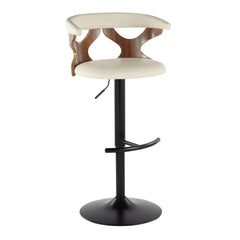 Gardenia Contemporary Adjustable Barstool with Swivel in Walnut Wood, Black Metal and Cream Faux Leather with Rounded T Footrest by LumiSource - Set of 2