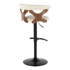 Gardenia Contemporary Adjustable Barstool with Swivel in Walnut Wood, Black Metal and Cream Faux Leather with Rounded T Footrest by LumiSource - Set of 2