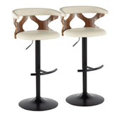 Gardenia Contemporary Adjustable Barstool with Swivel in Walnut Wood, Black Metal and Cream Faux Leather with Rounded T Footrest by LumiSource - Set of 2