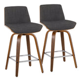Corazza 26" Mid-Century Modern Fixed-Height Counter Stool with Swivel in Walnut Wood and Charcoal Fabric with Square Chrome Metal Footrest by LumiSource - Set of 2