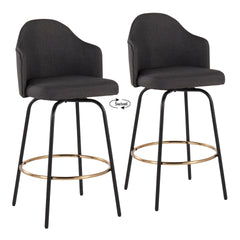 Ahoy Contemporary Fixed-Height Counter Stool with Black Metal Legs and Round Gold Metal Footrest with Charcoal Fabric Seat by LumiSource - Set of 2