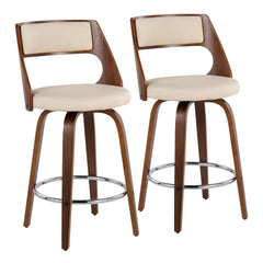 Cecina Mid-Century Modern Counter Stool with Swivel in Walnut and Cream Faux Leather by LumiSource - Set of 2