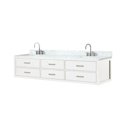 White Double Bath Vanity 84 in. W x 22 in. D, Carrara Marble Top, and Faucet Set