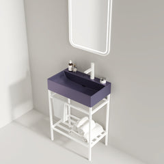 LOFI 24" Bathroom Vanity with Ceramic Basin, Freestanding Bathroom Console Sink Set, Glossy Purple Rectangular Ceramic Basin without Faucet, Open Metal Leg, Storage Shelves, White Color