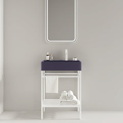 LOFI 24" Bathroom Vanity with Ceramic Basin, Freestanding Bathroom Console Sink Set, Glossy Purple Rectangular Ceramic Basin without Faucet, Open Metal Leg, Storage Shelves, White Color
