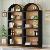 ON-TREND Freestanding Tall Bookshelves Set of 2, Farmhouse Two-Tone Open Storage Cabinet with Fabric Arched Top, 5-Tier Display Bookcase for Living Room, Bedroom, Home Office, Black+Natural