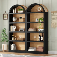ON-TREND Freestanding Tall Bookshelves Set of 2, Farmhouse Two-Tone Open Storage Cabinet with Fabric Arched Top, 5-Tier Display Bookcase for Living Room, Bedroom, Home Office, Black+Natural