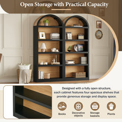 ON-TREND Freestanding Tall Bookshelves Set of 2, Farmhouse Two-Tone Open Storage Cabinet with Fabric Arched Top, 5-Tier Display Bookcase for Living Room, Bedroom, Home Office, Black+Natural