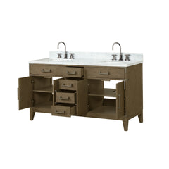 Grey Oak Double Bath Vanity 60 in. W x 22 in. D, Carrara Marble Top, and Faucet Set