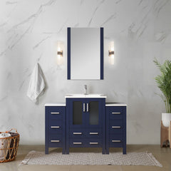 Navy Blue Single Bath Vanity 48 in. W x 18.25 in. D, with Side Cabinet, White Ceramic Top, and 34 in. Mirror