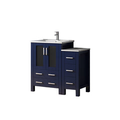 Navy Blue Single Bath Vanity 36 in. W x 18.25 in. D, with Side Cabinet, White Ceramic Top, and Faucet Set
