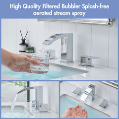 Bathroom Stainless Steel Faucets for Sink 3 Hole Chrome 8 inch Widespread Bathroom Sink Faucet Double Lever Handle Faucet Bathroom Vanity Faucet Basin Mixer Tap Faucet with Hose