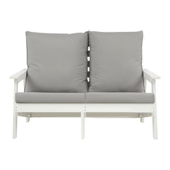 HIPS Loveseat with Cushion, Wood Grain Outdoor Garden Sofa,White/Grey