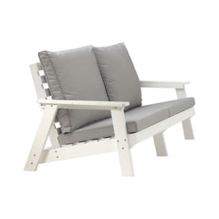 HIPS Loveseat with Cushion, Wood Grain Outdoor Garden Sofa,White/Grey