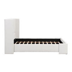 Elegant White Fabric Upholstered Bed with Tall Headboard, White, Queen