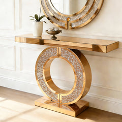 Mirrored Console Table With Crushed diamond Inlay, Long Entryway Sofatable, 0-Shaped Base Modern Accent Narrow Table(Brown)
