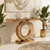 Mirrored Console Table With Crushed diamond Inlay, Long Entryway Sofatable, 0-Shaped Base Modern Accent Narrow Table(Brown)