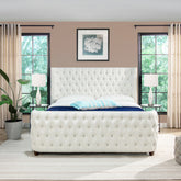 Brooklyn King Tufted Panel Bed Headboard and Footboard Set, Antique White Polyester