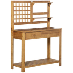 Outsunny Potting Bench Table, Garden Work Bench, Outdoor Wooden Workstation with Tiers of Shelves and Drawer for Patio, Courtyards, Balcony, Brown