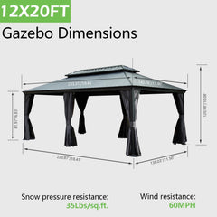 12'x20' Hardtop Gazebo with Resin Roof, Outdoor Metal Gazebo with Drainage Gutters, Permanent Heavy Duty Pavilion for Patio, Backyard and Deck, Curtains and Mosquito Netting Included