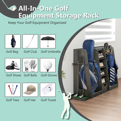 55.5''x16''x37''(LxWxH) Wooden Golf Bag Organizer and Storage Rack, High Quality Wooden 2 Golf Bag Rack with Drawers, Easy to Assemble Golf Club Holder/Stand with Club Holders on Side,Gray