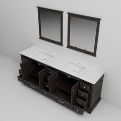 Espresso Double Bath Vanity 84 in. W x 22 in. D, Carrara Marble Top, and 34 in. Mirrors