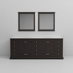 Espresso Double Bath Vanity 84 in. W x 22 in. D, White Quartz Top, and 34 in. Mirrors