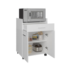 Glover Kitchen Cart With Casters, Open Shelves, Drawer And Cabinet Storage, Mobile Kitchen Island, White