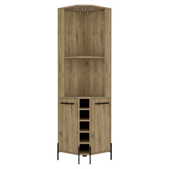 Hans Corner Bar Cabinet, Two Shelves, Five Built-in Wine Rack-Macadamia