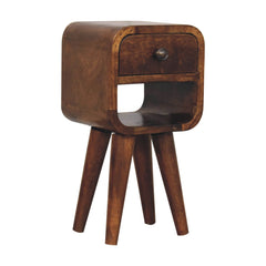 Solid Wood Extra Mini Chestnut Curve Lower Nightstand, 1-Drawer, 1 Open-Slot, Nordic Legs, Dark Brown