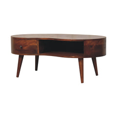 Solid Wood Large Chestnut Wave Coffee Table, 1-Drawer, 1-Open Shelf, Dark Brown