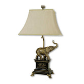 29" Tall Polyresin Elephant Table Lamp w/ Antique Gold finish, White Shade