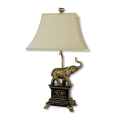 29" Tall Polyresin Elephant Table Lamp w/ Antique Gold finish, White Shade