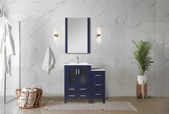 Navy Blue Bath Vanity 36 in. W x 18.25 in. D, with Side Cabinet, White Ceramic Top, and 22 in. Mirror