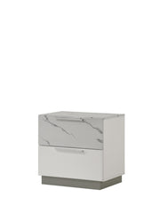 Mist Nightstand – Two-Tone High-Gloss Marble & Lacquer Finish with Two Drawers, Velvet-Lined Interior, and a Compact Elegant Design same as B009P309328 (CA inventory)